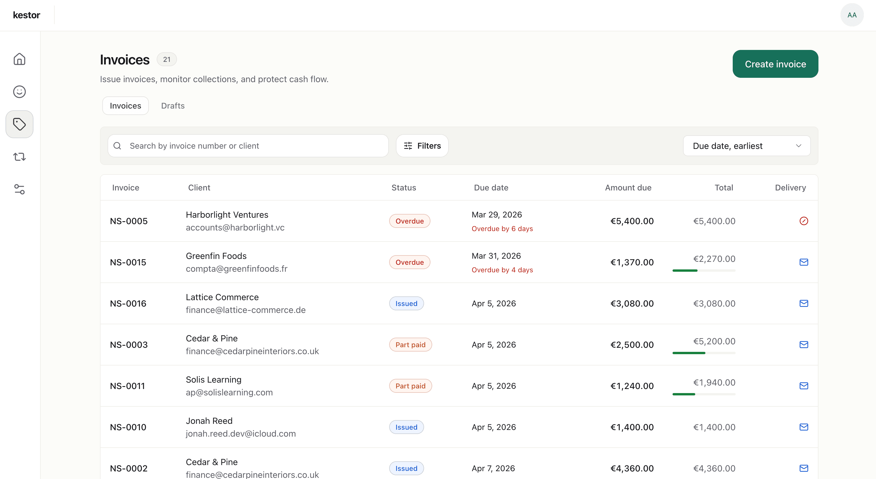 Kestor invoices list showing invoice statuses, due dates, amounts due, and delivery state.