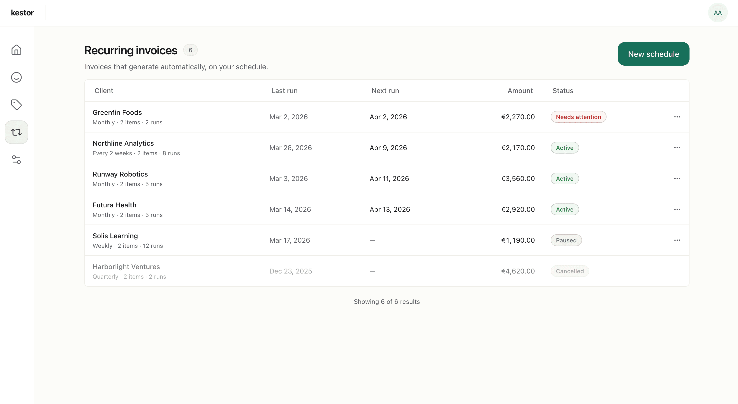 Kestor recurring invoices view showing active schedules, next run dates, billing amounts, and schedule status.